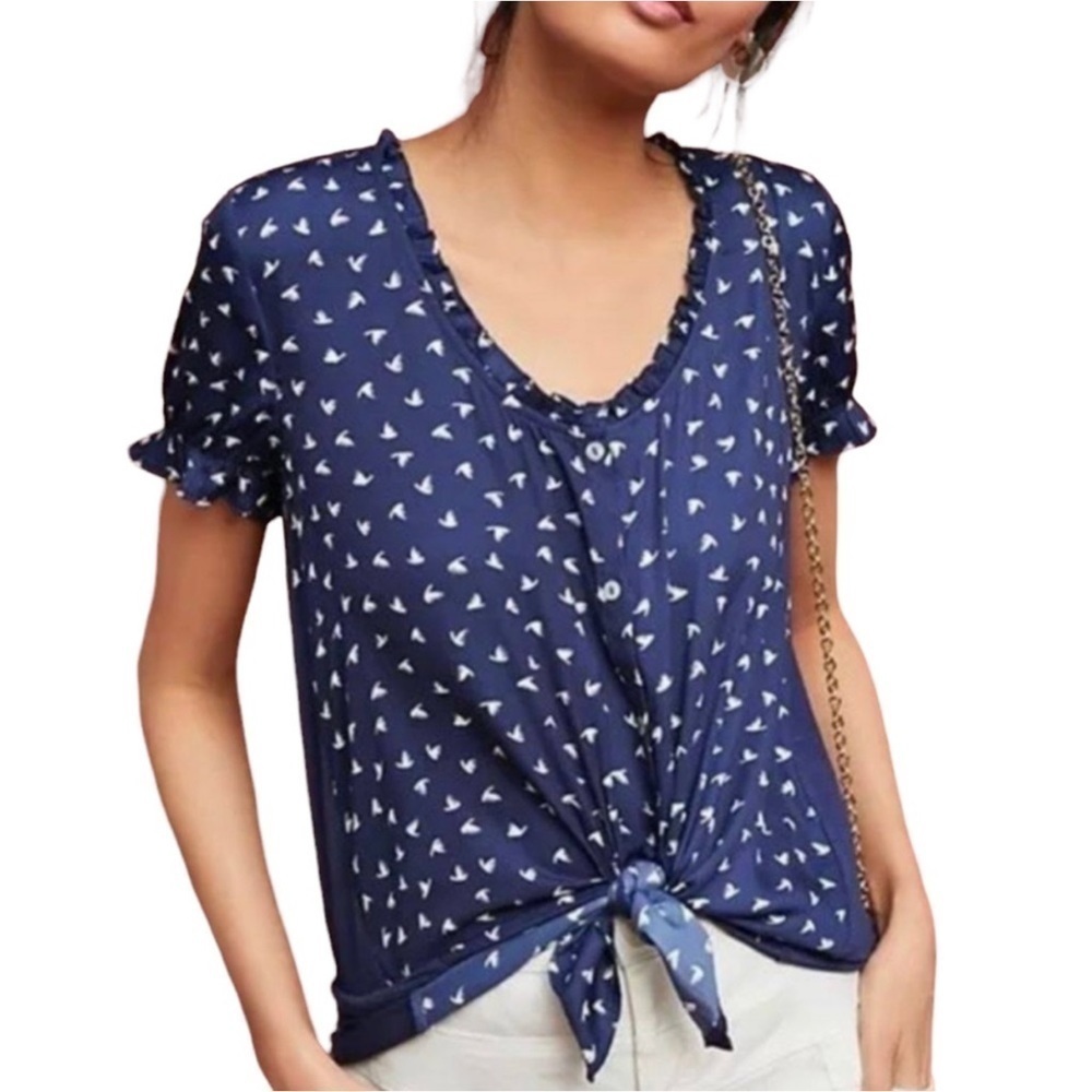 Anthropologie Dolan Blue Bird Button Down Ruffle Sleeve Top Size Small